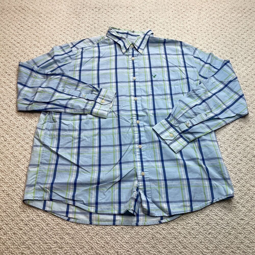 American Eagle Outfitters Shirt Mens XXL 2XL Blue Plaid Long Sleeve Standard